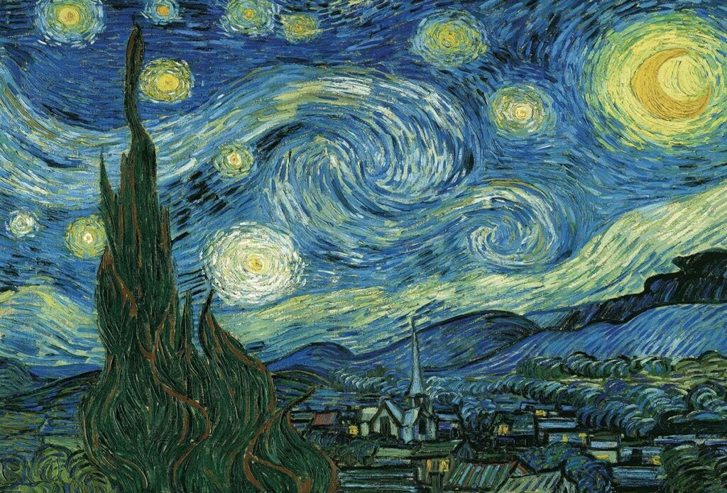 Ett pussel med van Goghs klassiska konstverk Stjärnenatt