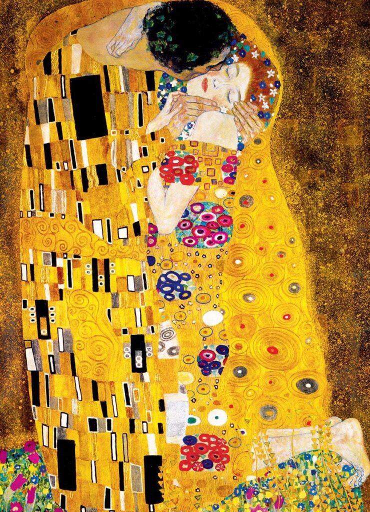 Gustav Klimts konstverk med med en man som kysser en kvinna. Målningen domineras av guld och gyllene nyanser med endast ett fåtal detaljer i färg.